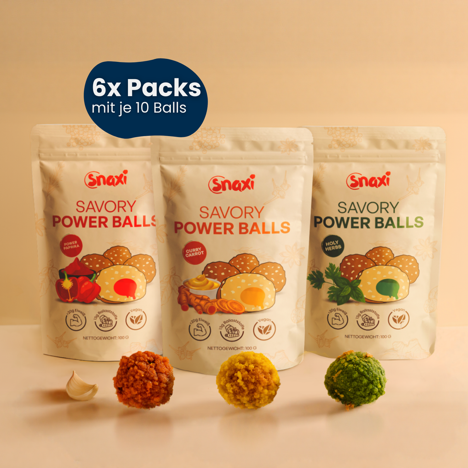Three packages of Snaxi Savory Power Balls with three balls in front on a beige background